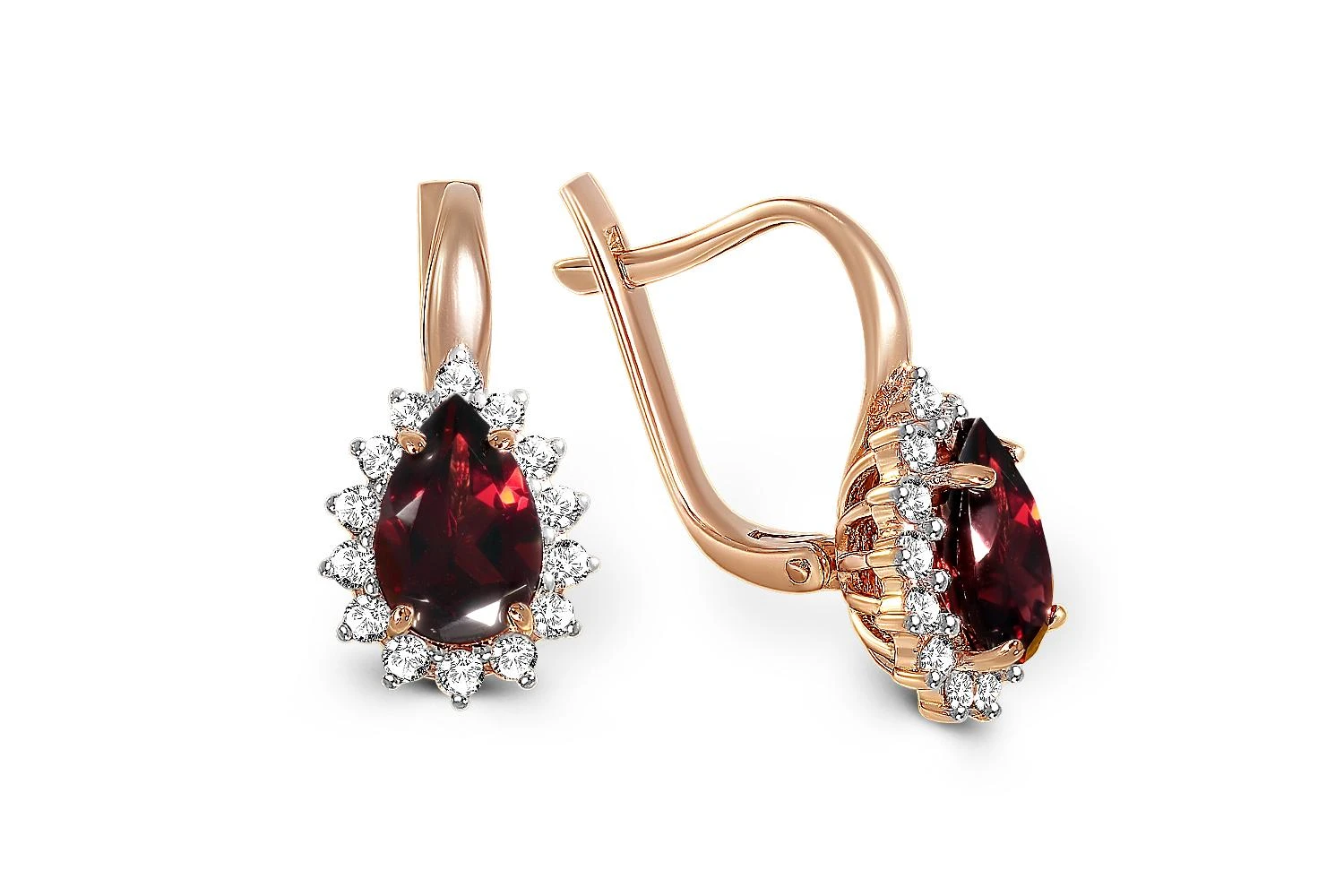 Серьги из красного золота с 2 гранатами и 28 фианитами