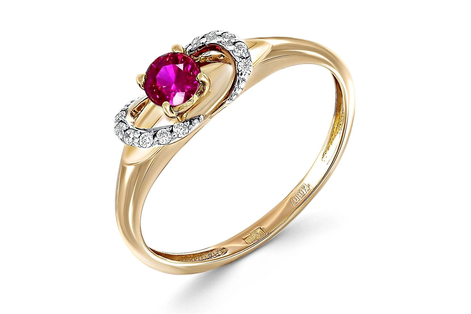 Кольцо из жёлтого золота с корундом и 12 фианитами