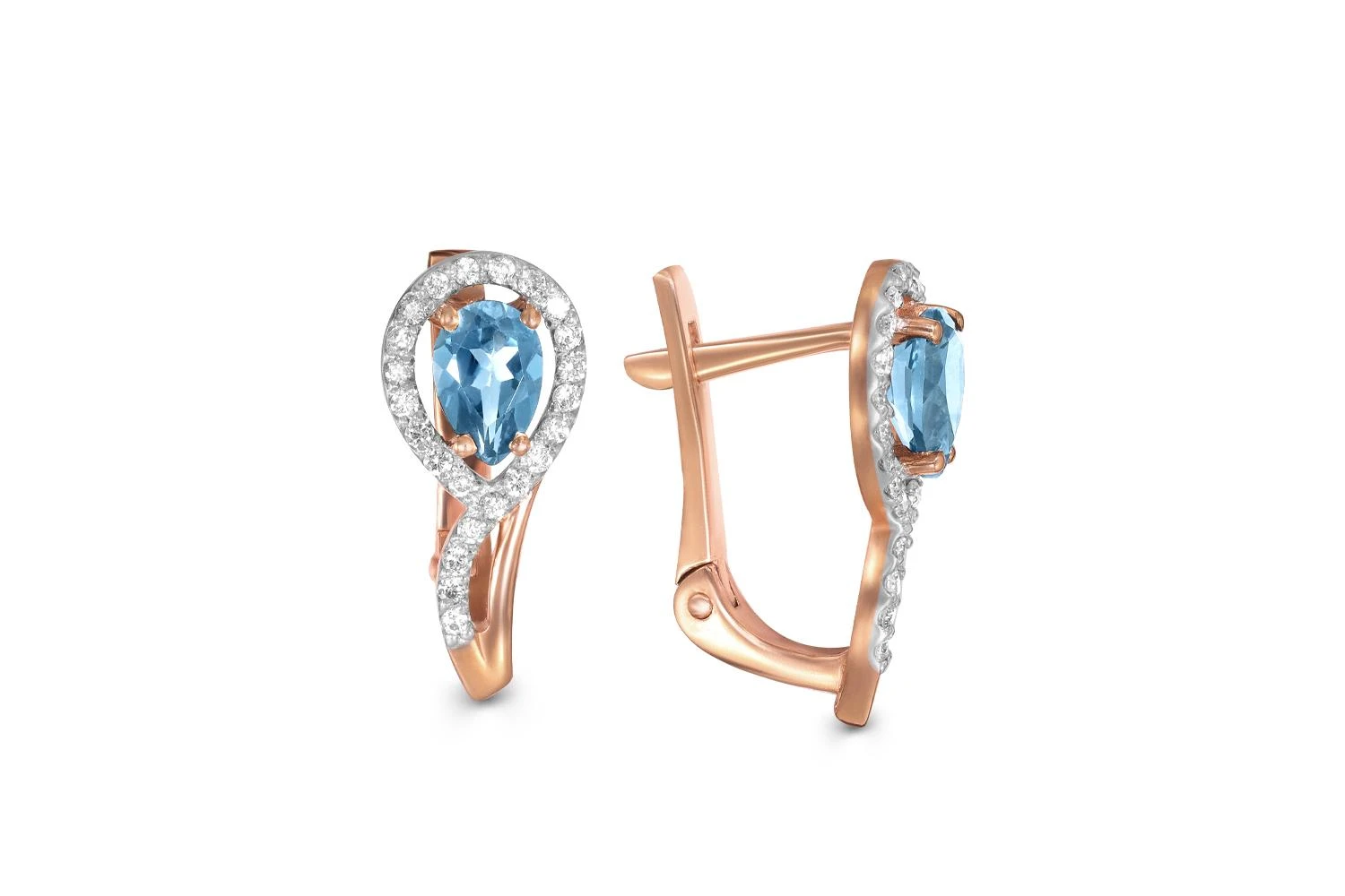 Серьги из красного золота с 2 топазами swiss и 46 фианитами