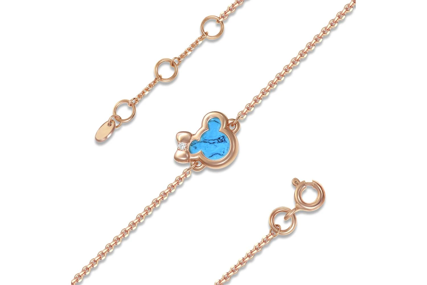 Браслет детский с мишкой с бирюзой и фианитом из красного золота