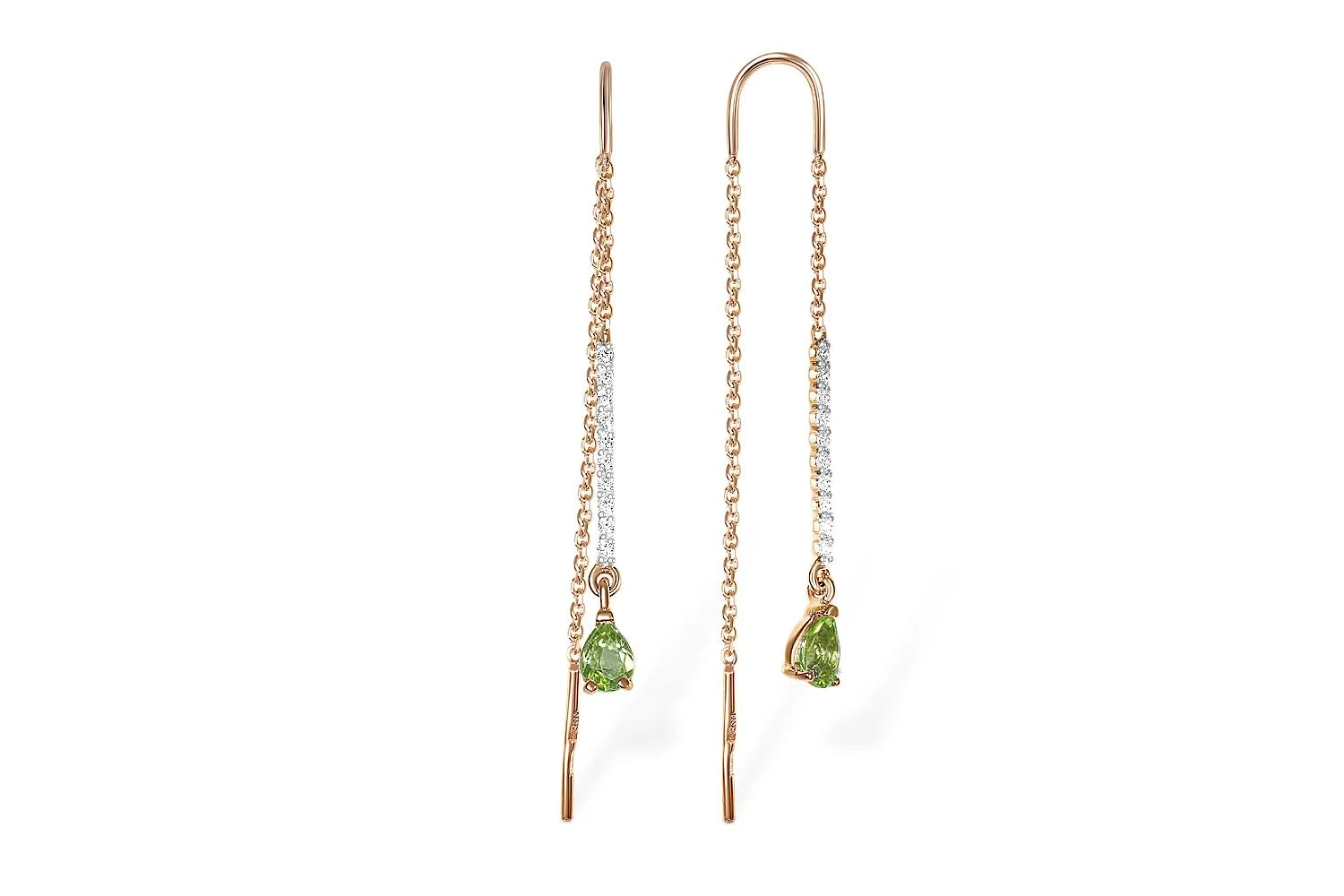 Серьги-продёвки Дорожки из красного золота с 2 хризолитами и 20 фианитами