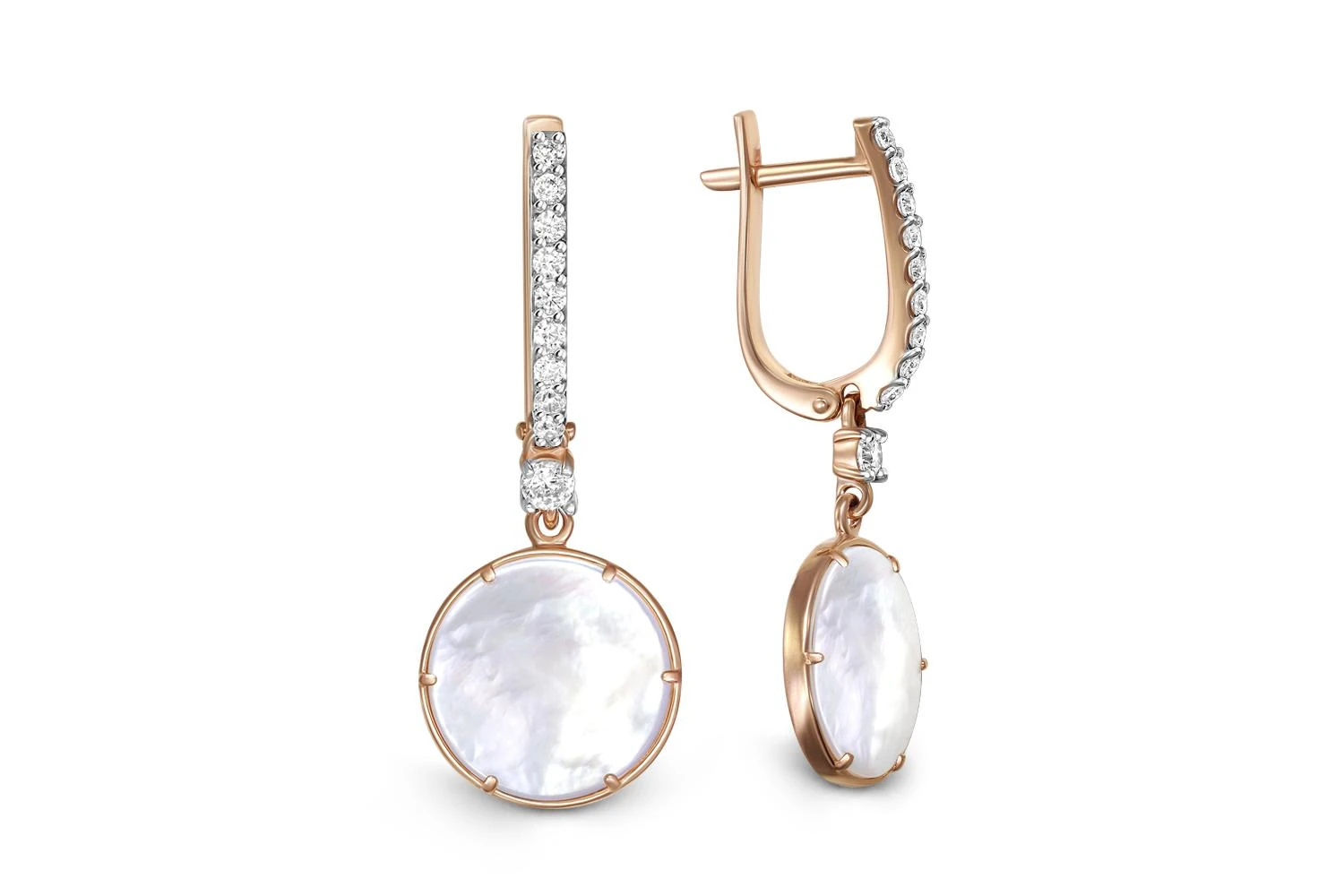 Серьги из красного золота с перламутром и 20 фианитами