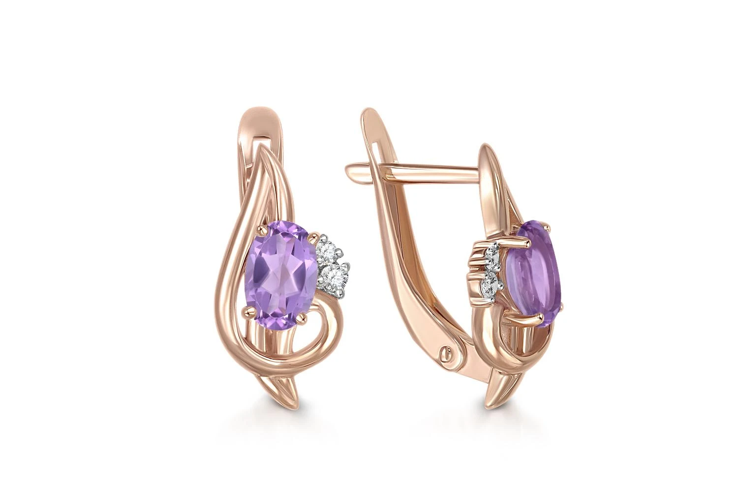 Серьги из красного золота с 2 аметистами и 4 фианитами