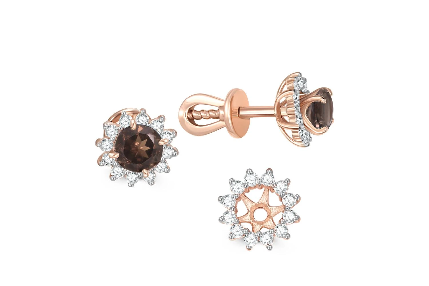 Серьги-пусеты из красного золота с 2 раухтопазами и 24 фианитами