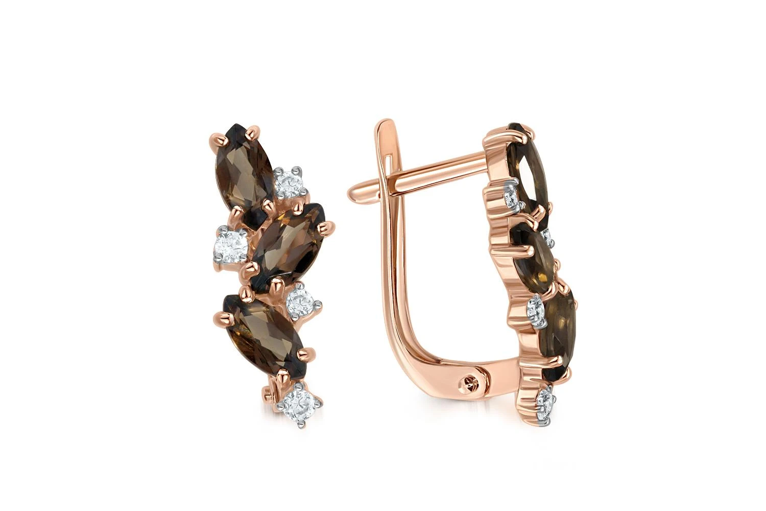 Серьги из красного золота с 6 раухтопазами и 8 фианитами