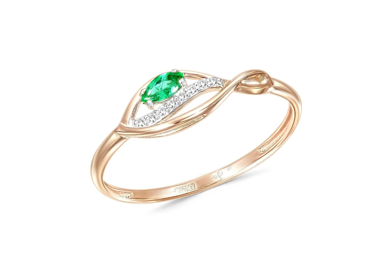 Кольцо из красного золота с изумрудом и 8 бриллиантами