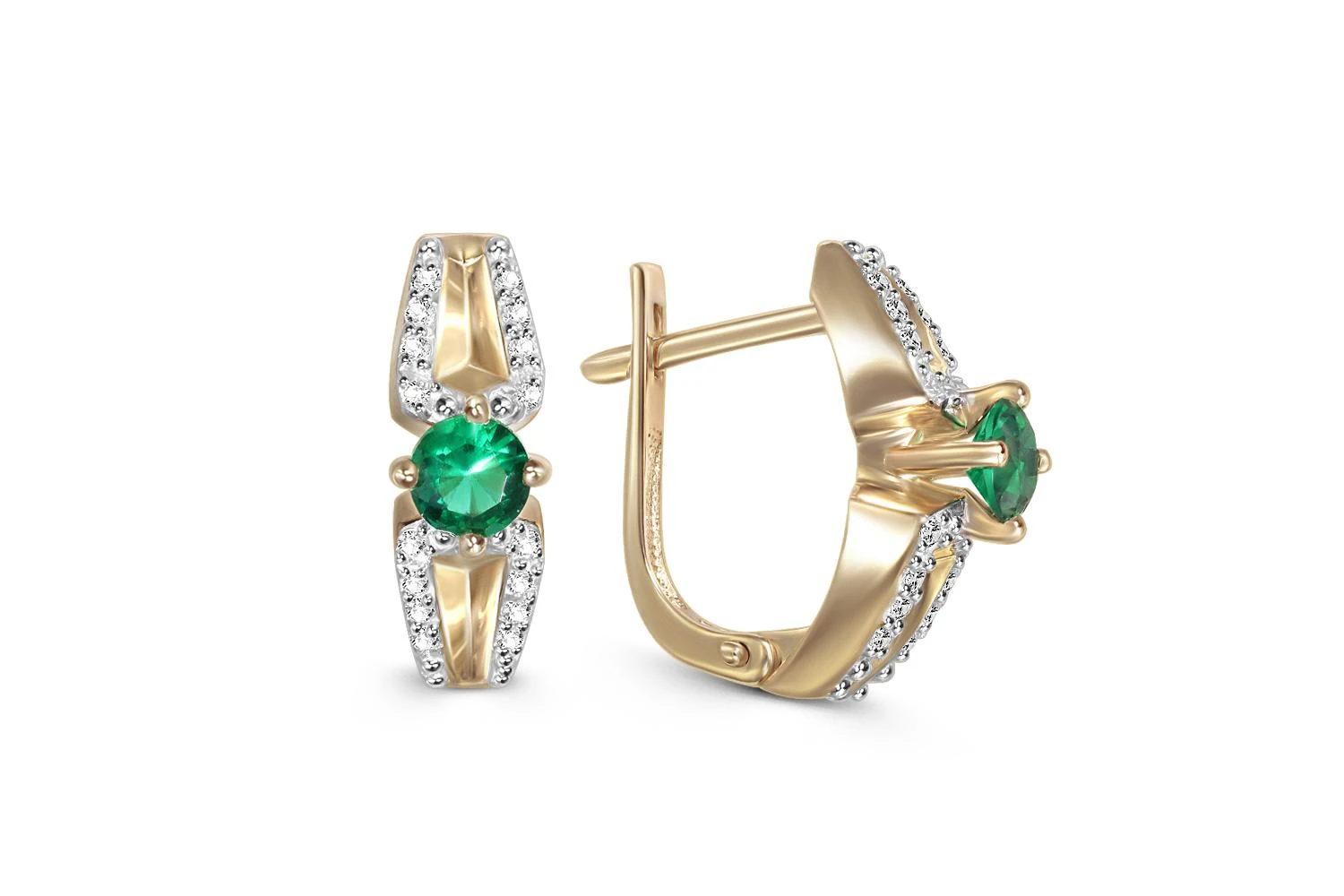 Серьги из жёлтого золота с 2 изумрудами и 32 фианитами