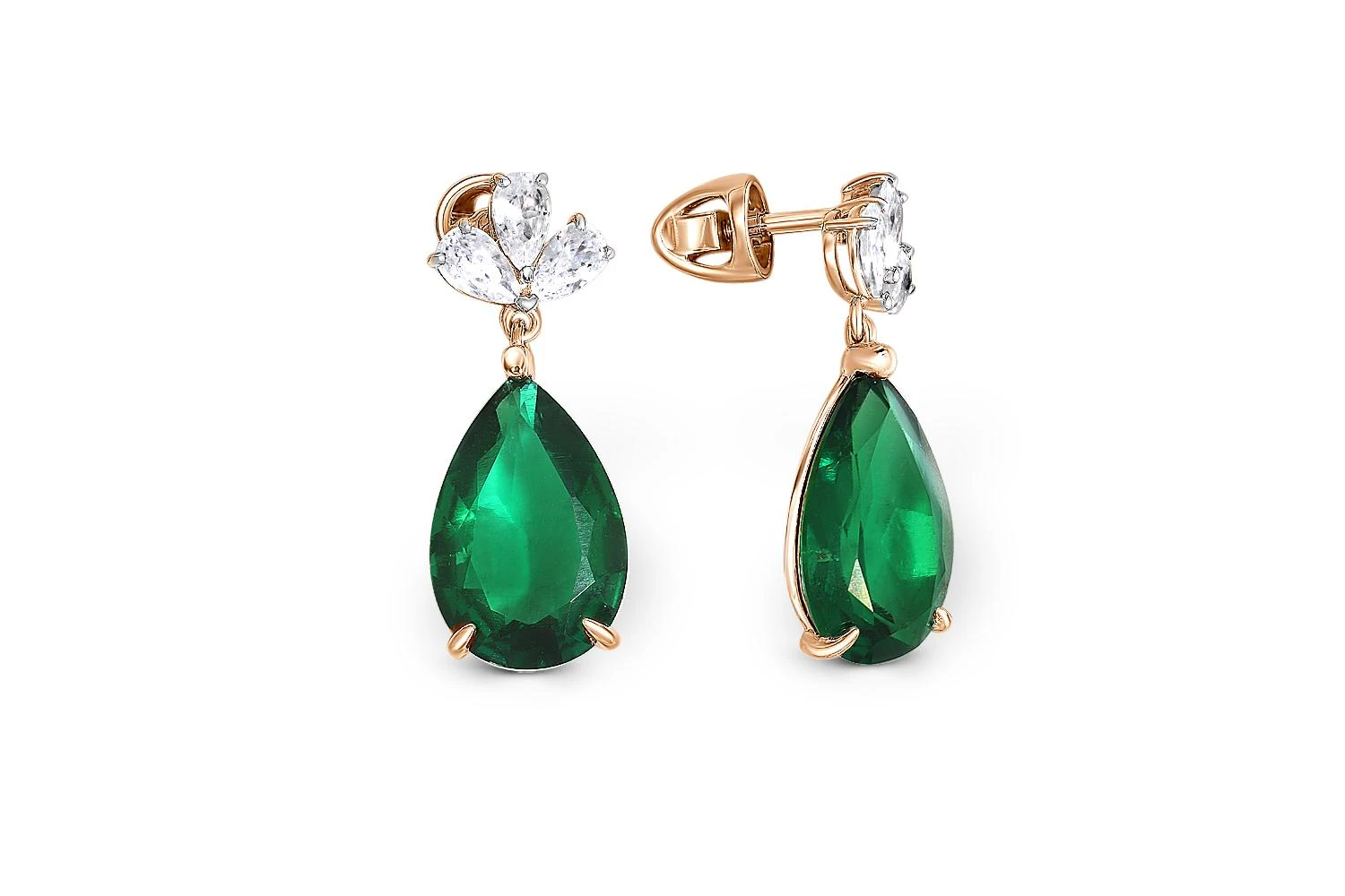 Серьги-пусеты из красного золота с 2 изумрудами и 6 фианитами