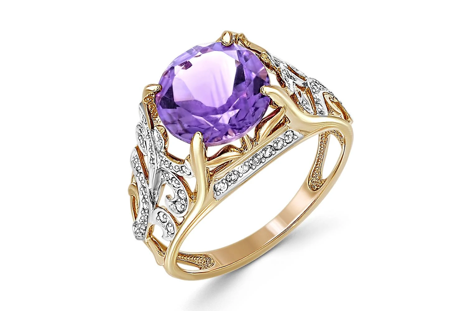 Кольцо из жёлтого золота с аметистом и 62 фианитами