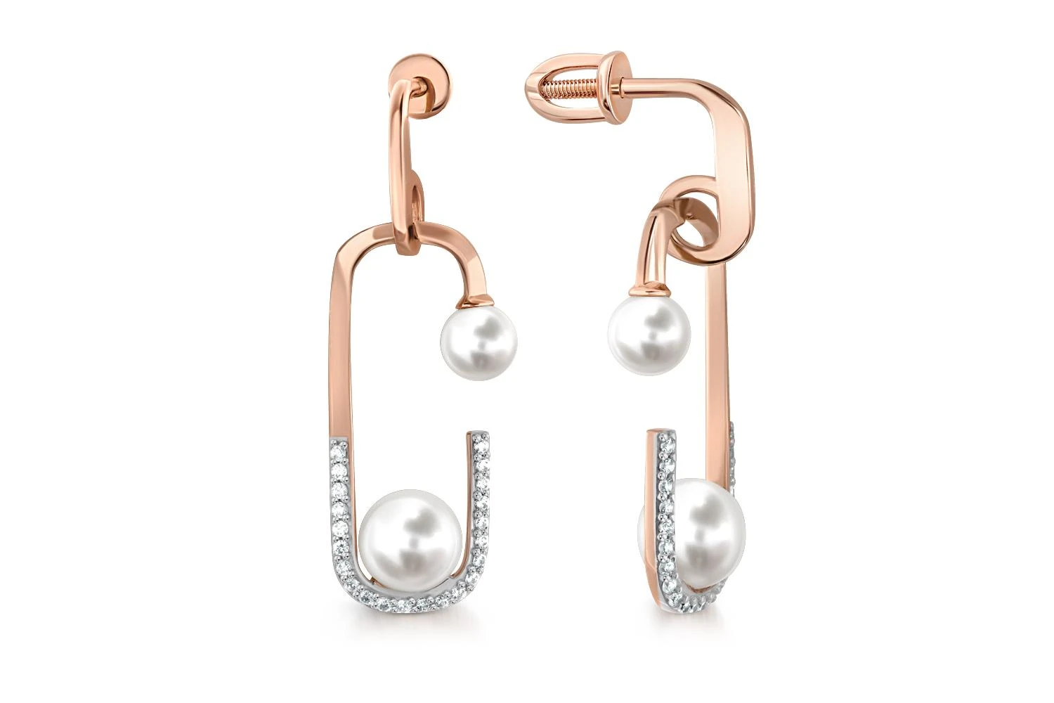 Серьги-пусеты из красного золота с 4 жемчужинами и 44 фианитами