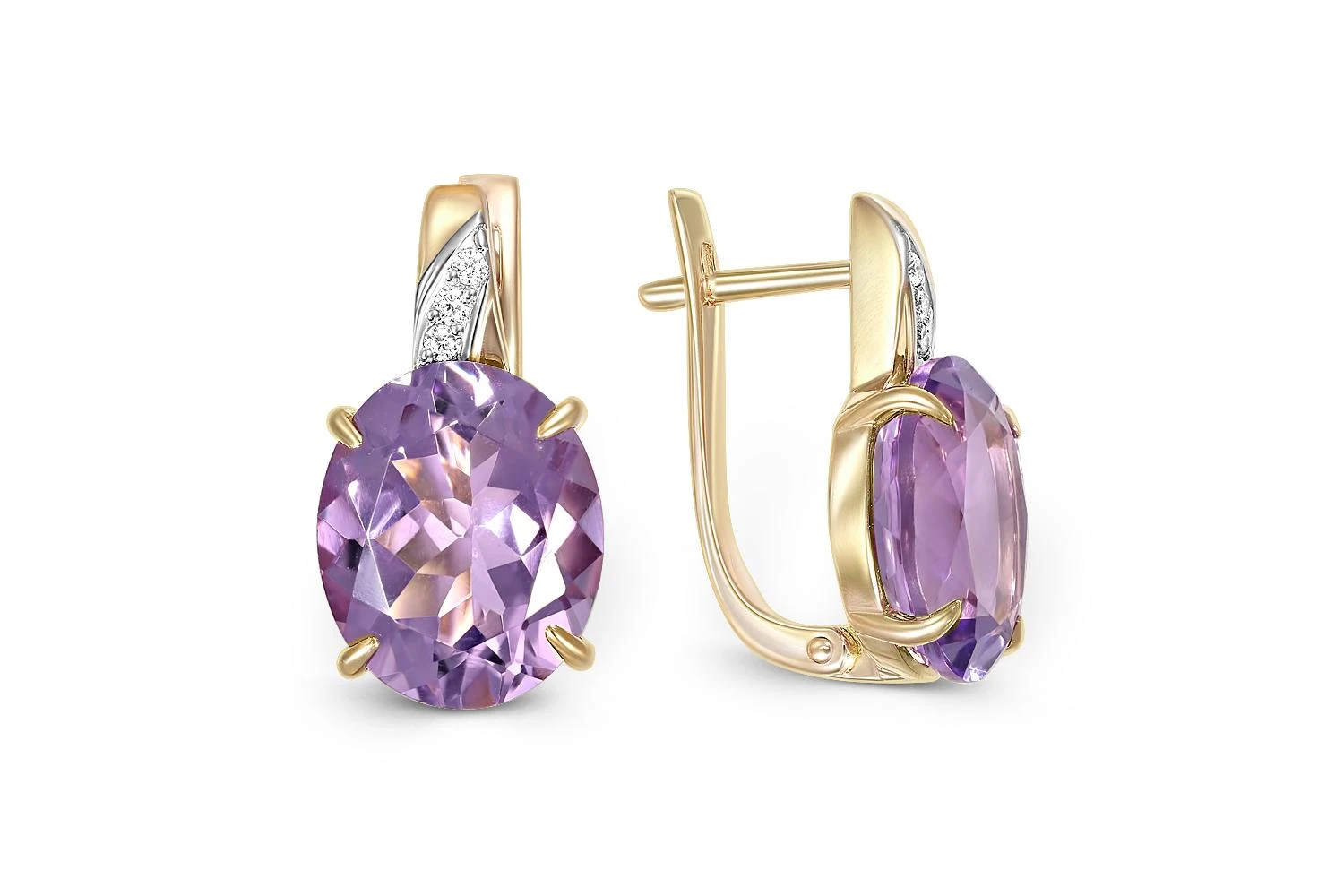 Серьги из жёлтого золота с 2 аметистами и 6 фианитами