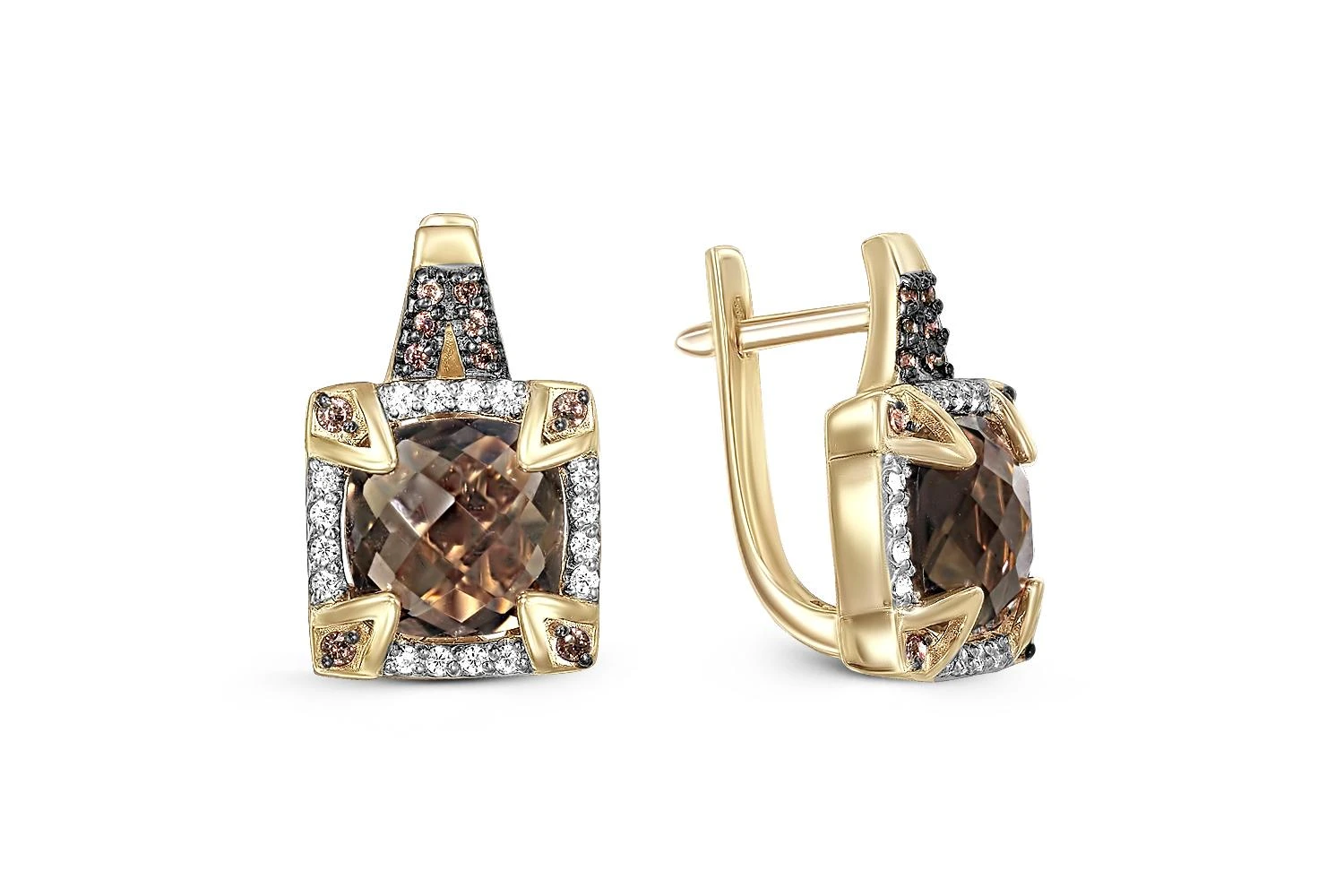 Серьги из жёлтого золота с 2 раухтопазами и 52 фианитами