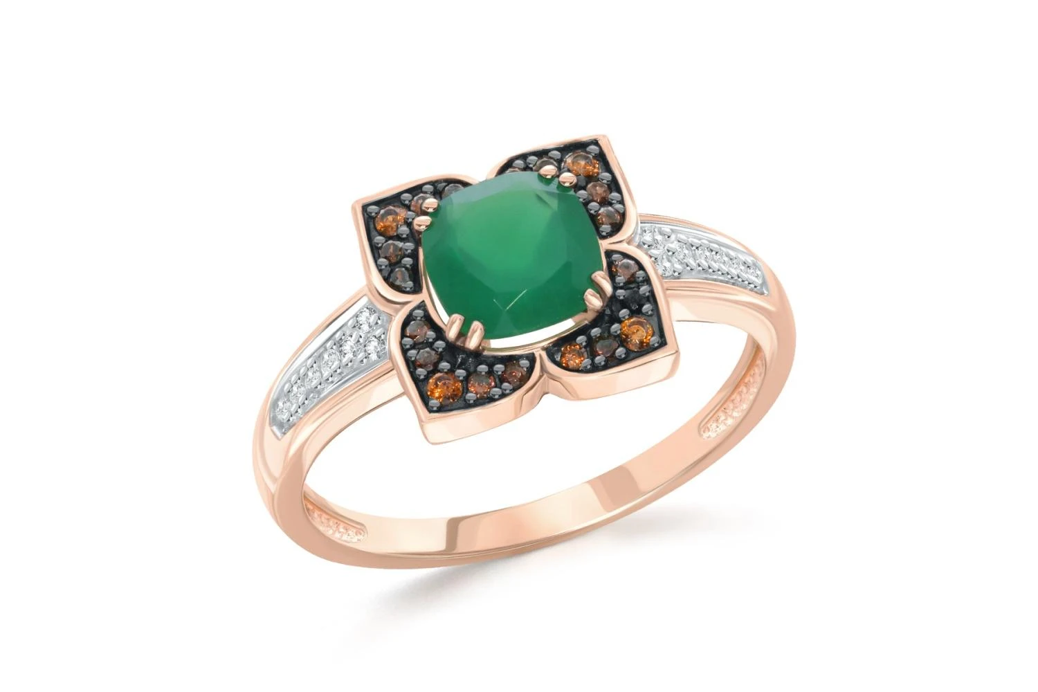 Кольцо Цветок из красного золота с агатом и 34 фианитами