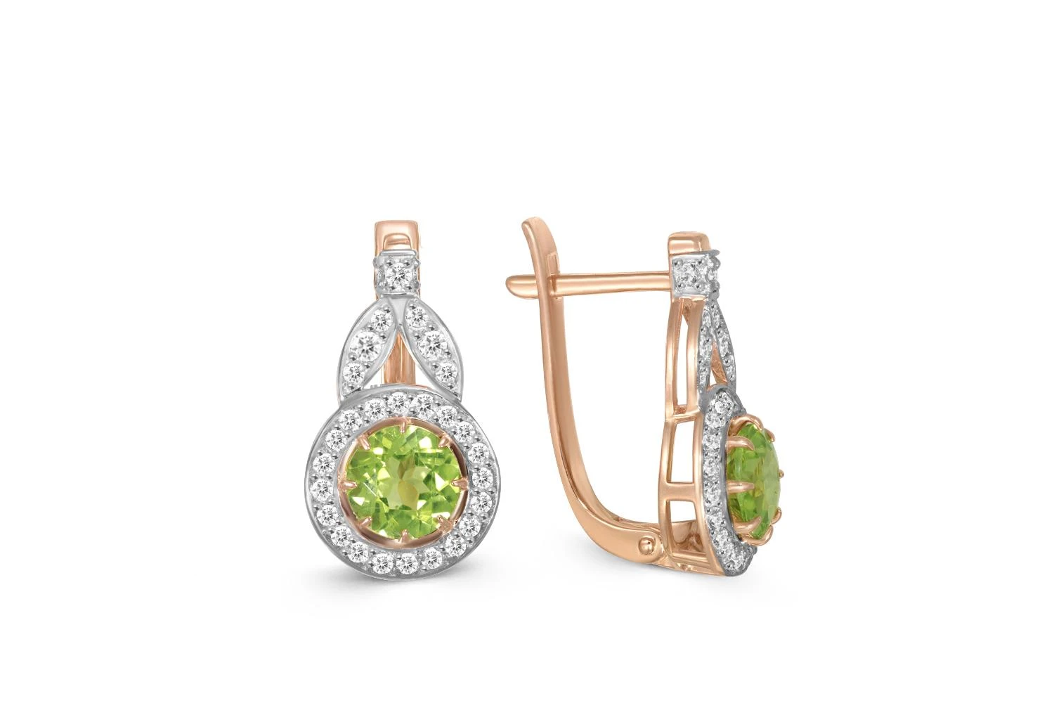 Серьги из красного золота с 2 хризолитами и 58 фианитами