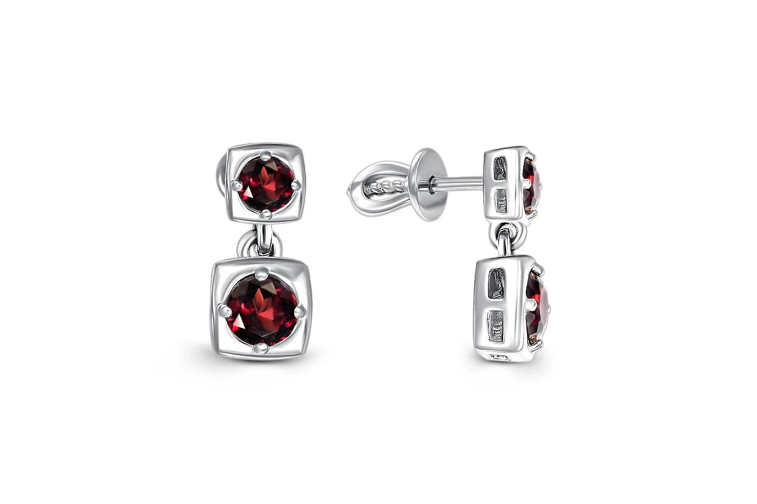 Серьги-пусеты Квадраты из белого золота с 4 гранатами