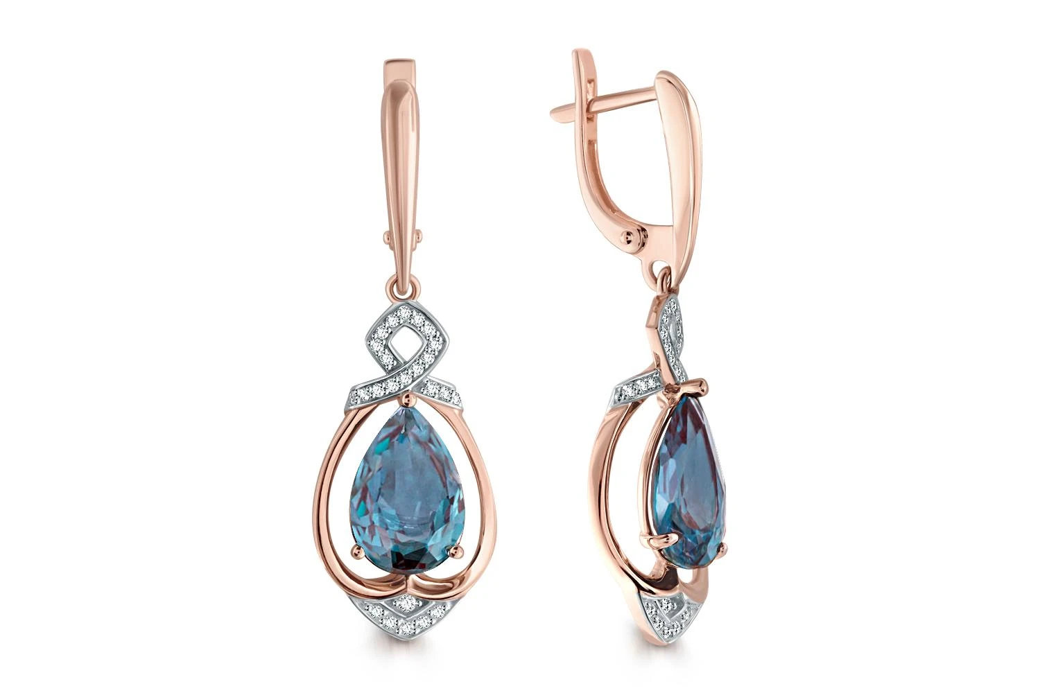 Серьги из красного золота с 2 александритами и 48 фианитами