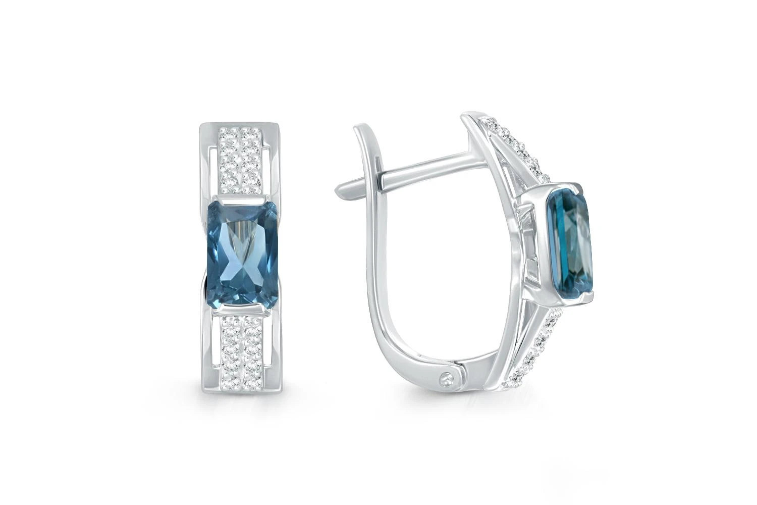 Серьги из белого золота с 2 топазами лондон и 32 фианитами