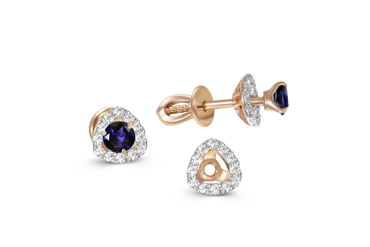 Серьги-пусеты из красного золота с 2 корундами и 24 фианитами