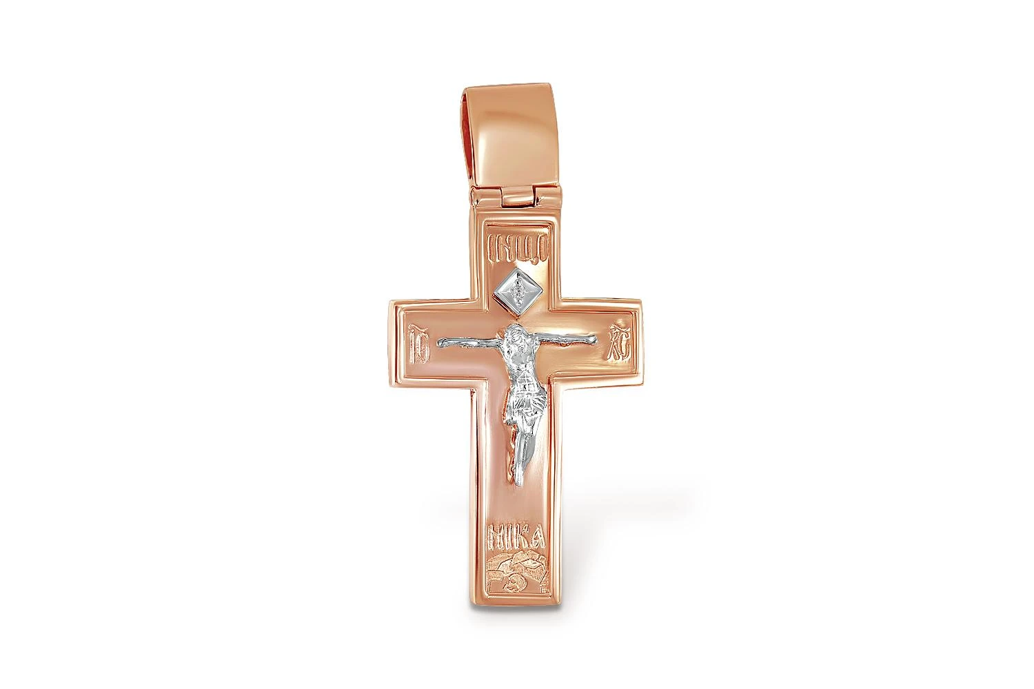 Крест из красного золота с 3 фианитами