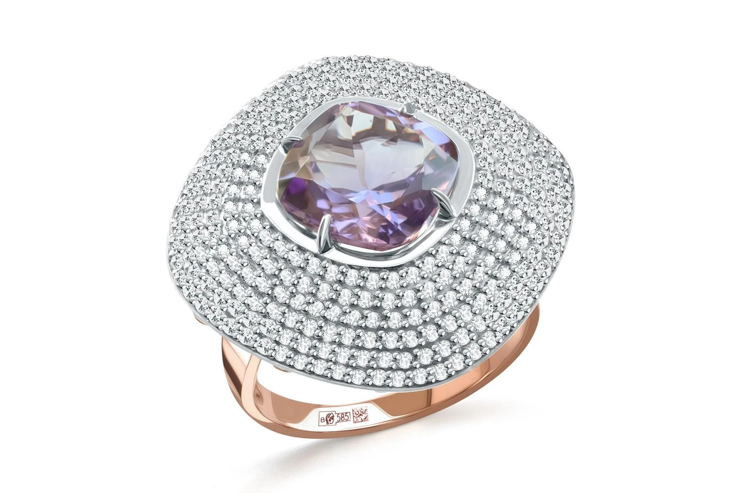 Кольцо из красного золота с аметистом и 292 фианитами