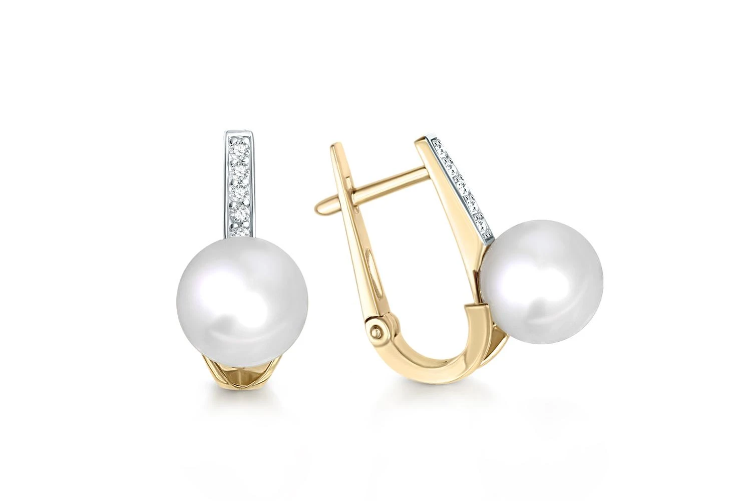 Серьги из жёлтого золота с 2 жемчужинами и 10 фианитами