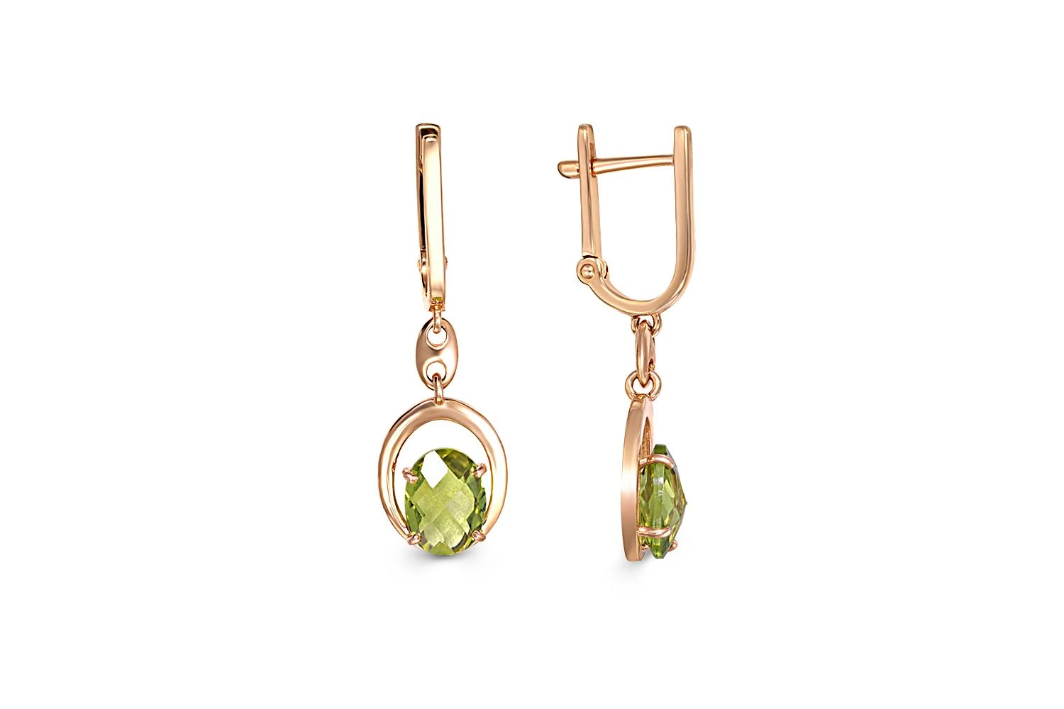 Серьги из красного золота с 2 хризолитами