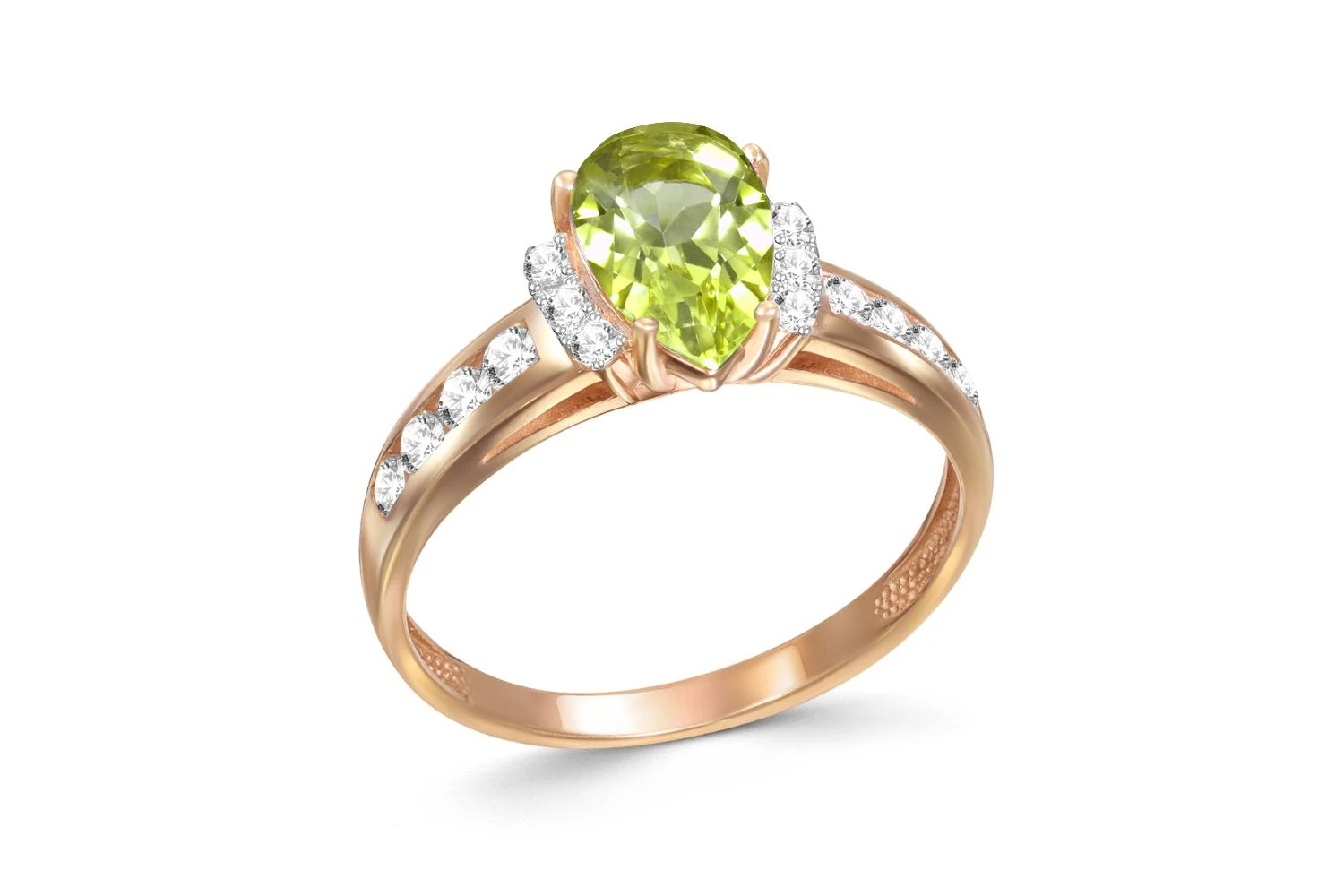 Кольцо из красного золота с хризолитом и 14 фианитами