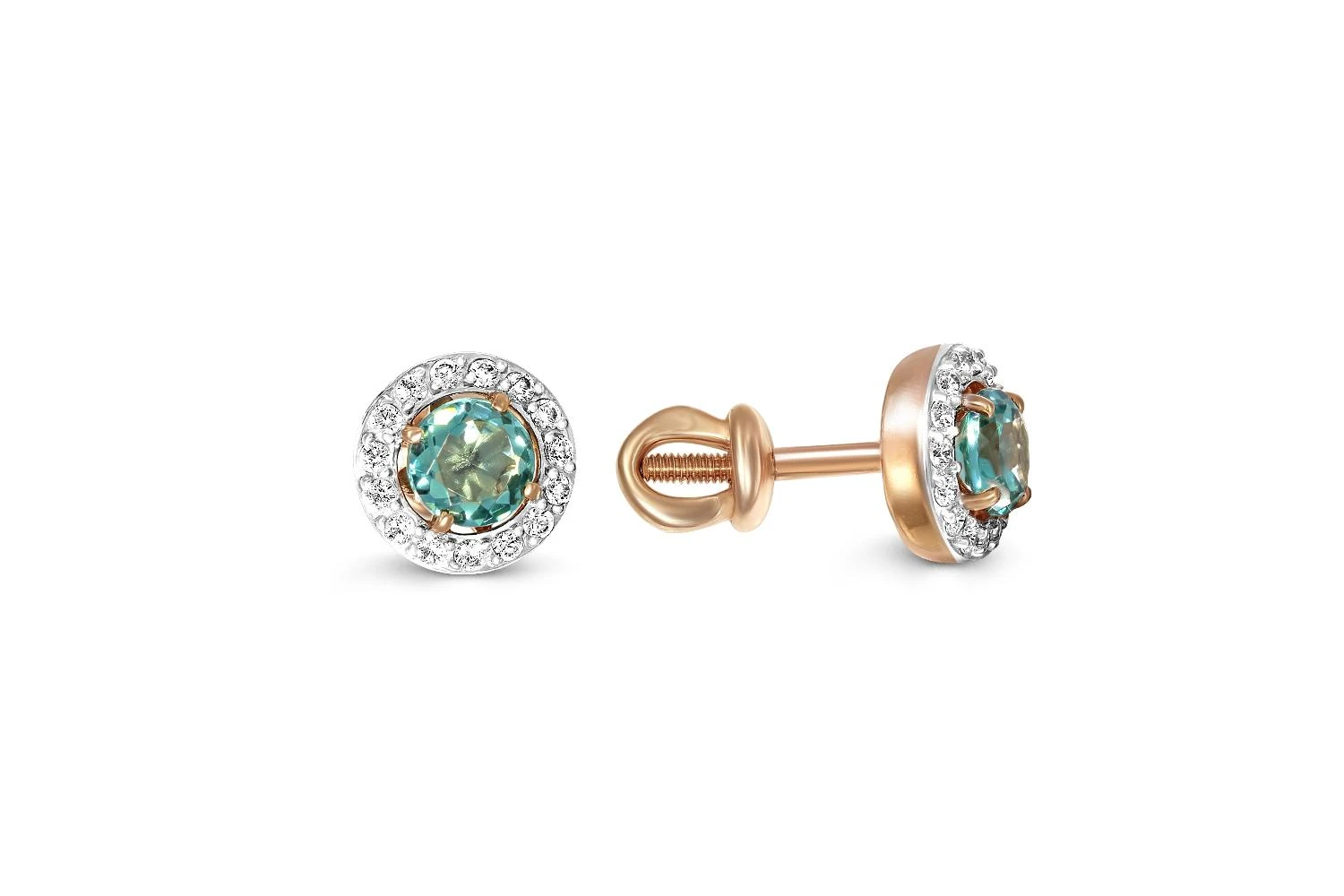 Серьги-пусеты из красного золота с 2 ситаллами и 30 фианитами