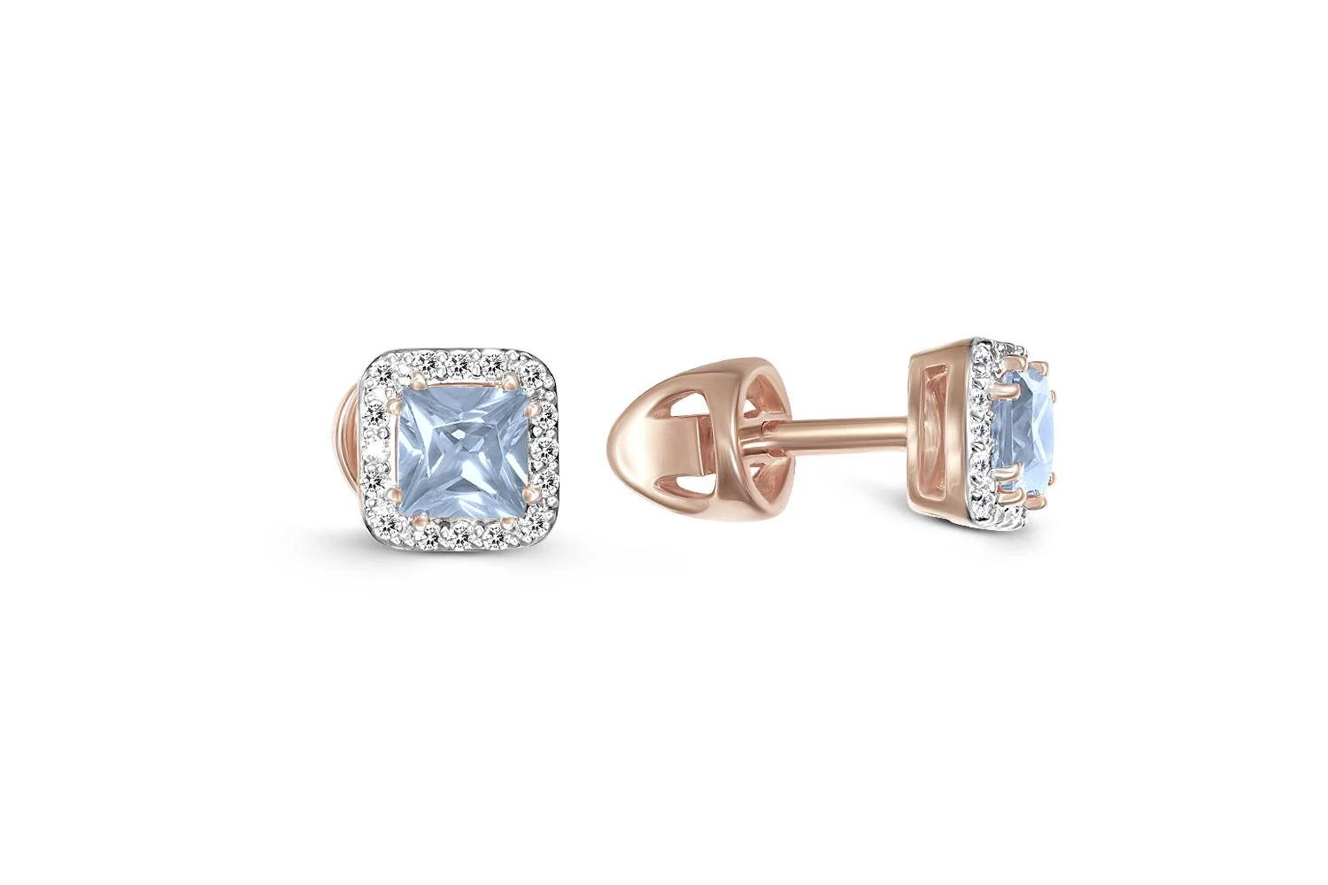 Серьги-пусеты Квадраты из красного золота с 2 топазами sky и 32 фианитами