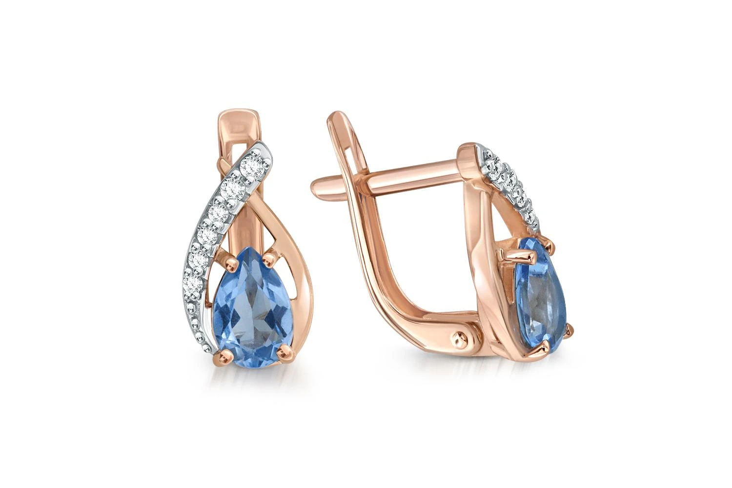 Серьги из красного золота с 2 топазами swiss и 12 фианитами