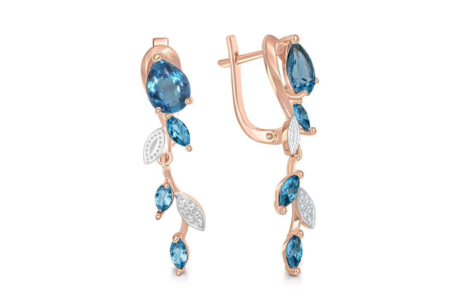 Серьги Веточки из красного золота с 2 топазами лондон и 18 фианитами