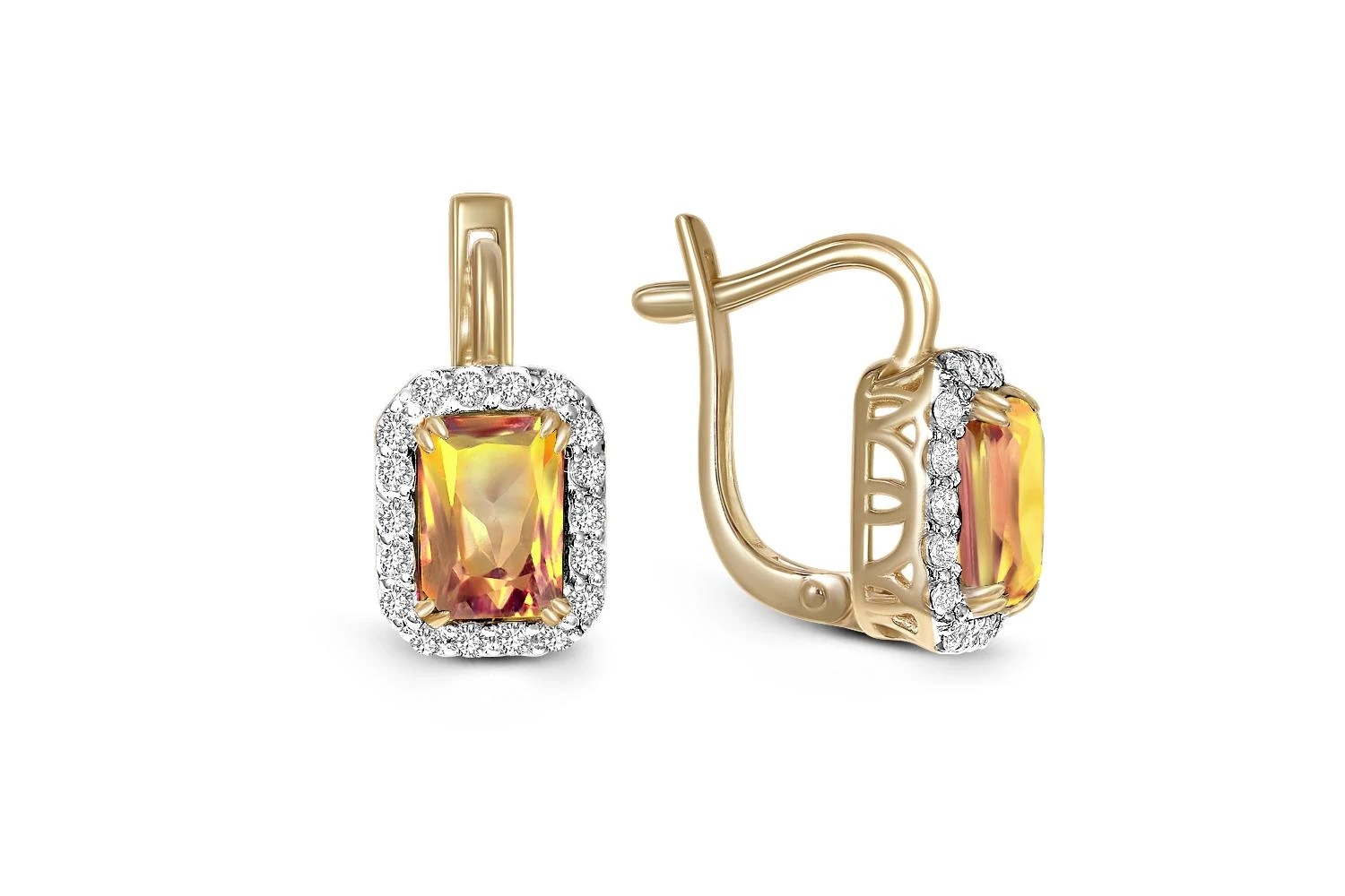 Серьги из жёлтого золота с 2 цитринами и 36 фианитами