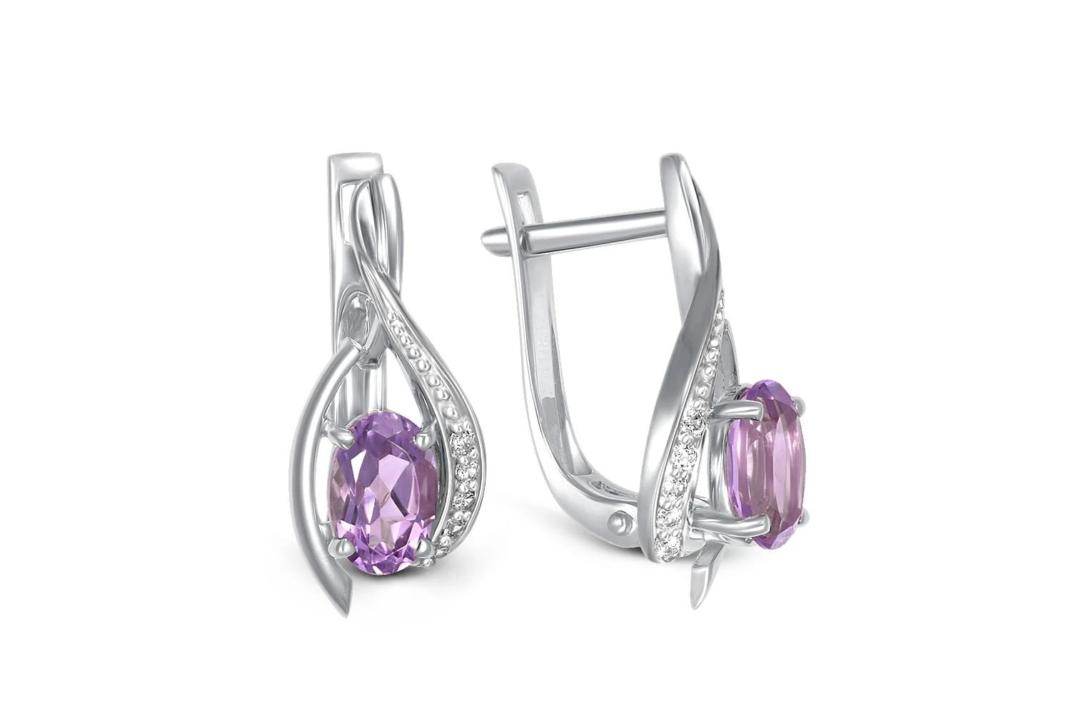 Серьги из белого золота с 2 аметистами и 10 фианитами