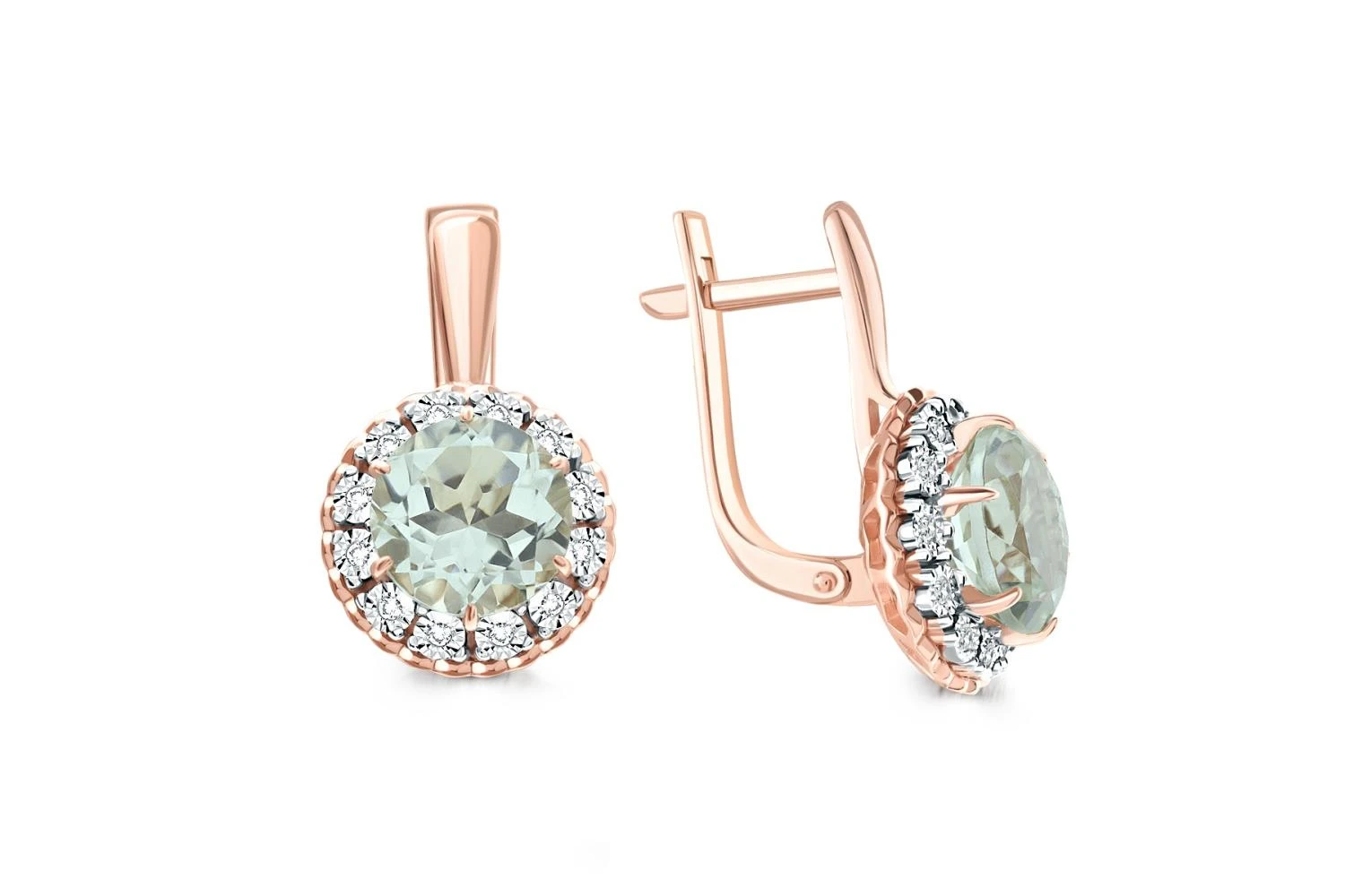 Серьги из красного золота с 2 празиолитами и 24 бриллиантами