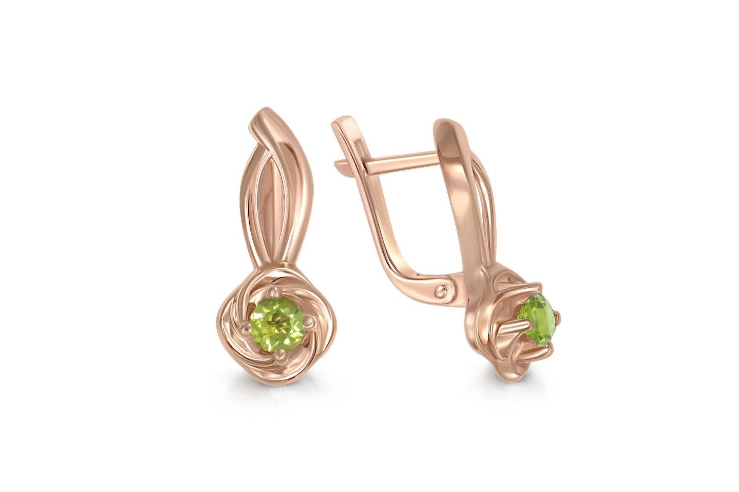 Серьги Цветы из красного золота с 2 хризолитами