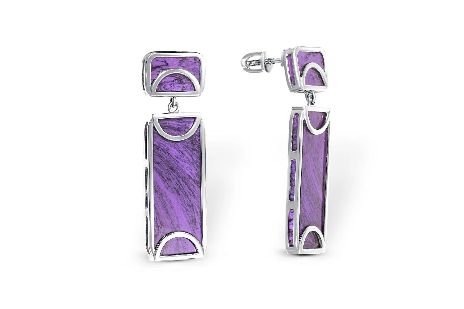 Серьги-пусеты Прямоугольники из белого золота с 4 чароитами