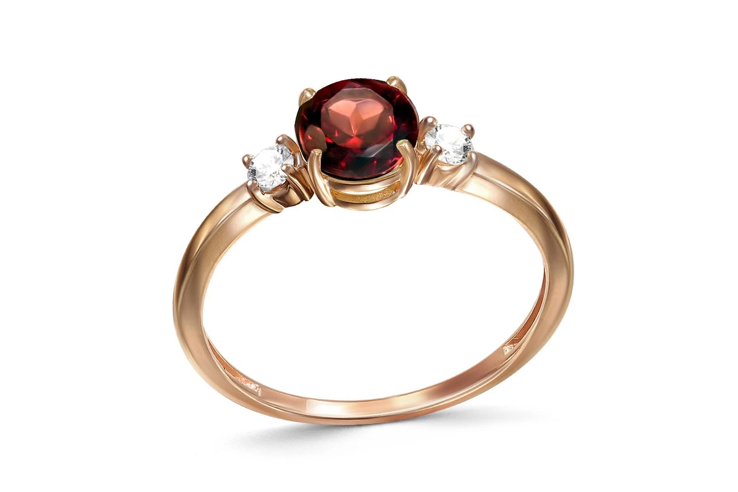 Кольцо из красного золота с гранатом и 2 фианитами