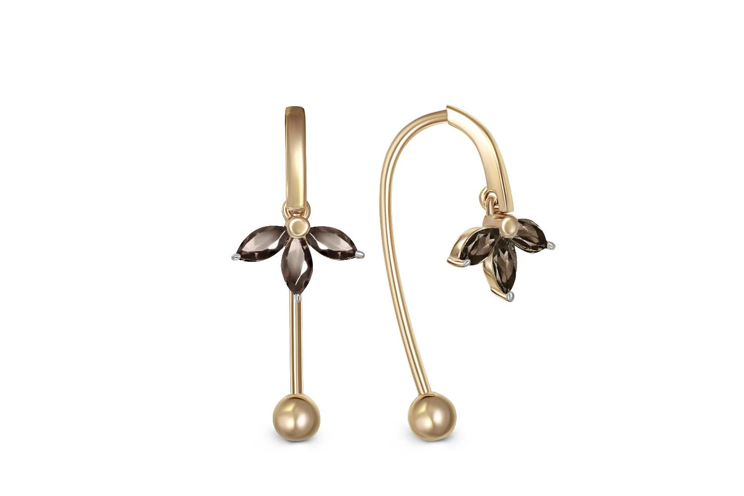 Серьги Цветы из жёлтого золота с 6 раухтопазами