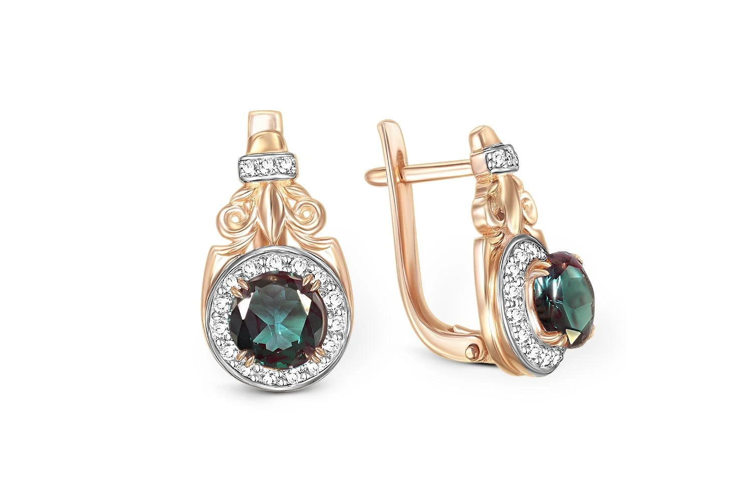 Серьги из красного золота с 2 александритами и 36 фианитами