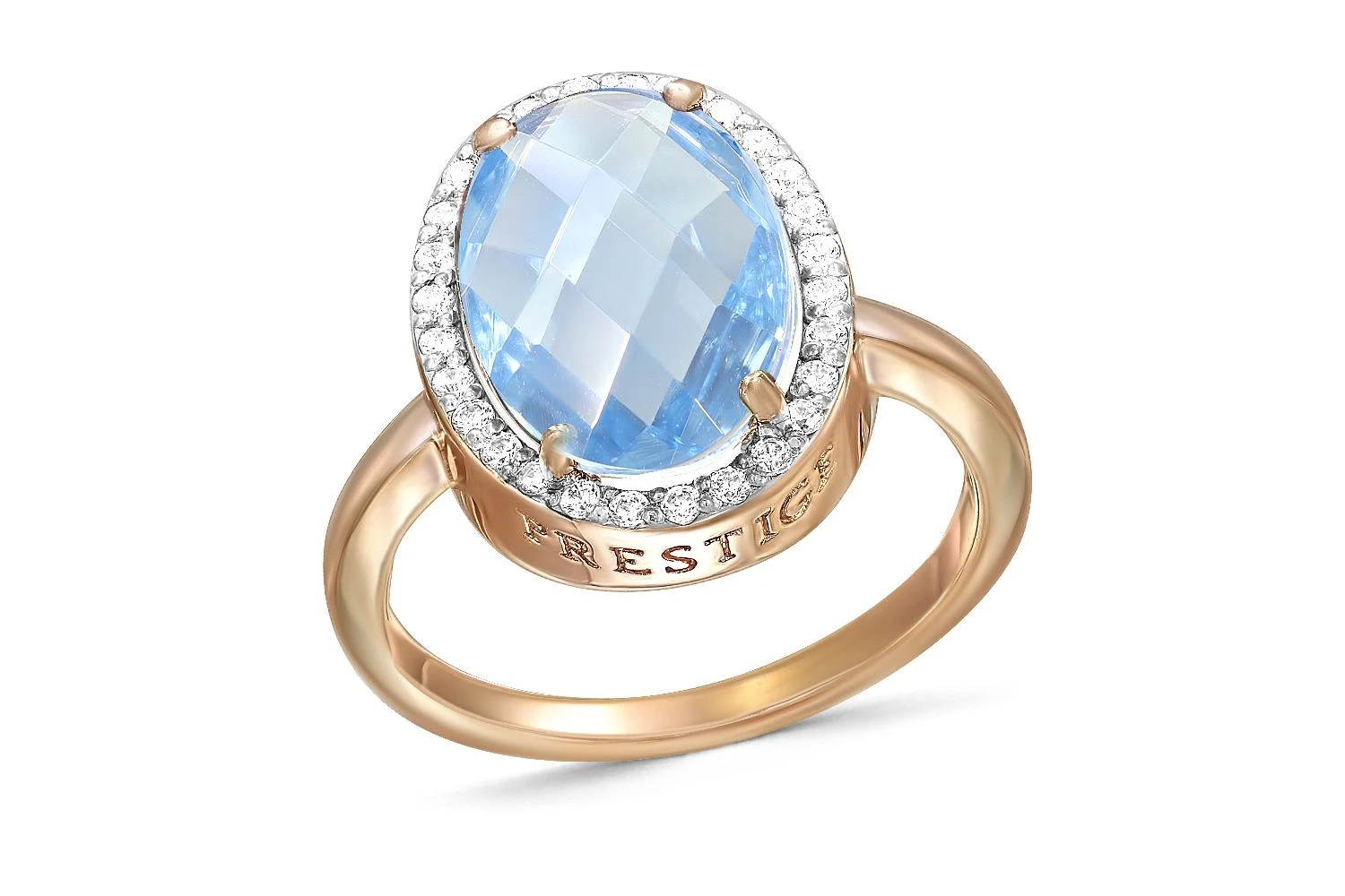 Кольцо из красного золота с топазом sky и 28 фианитами