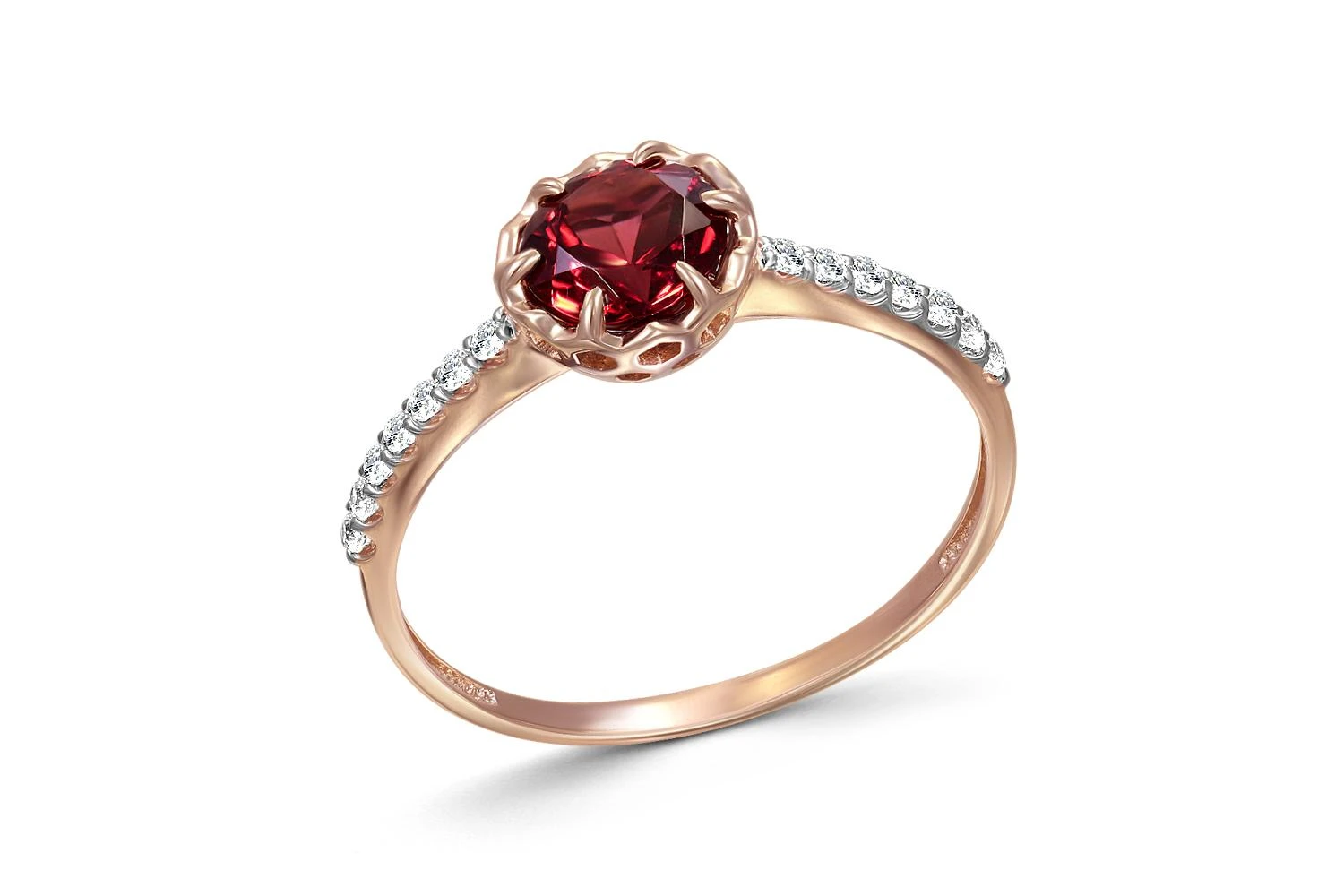 Кольцо из красного золота с гранатом и 14 фианитами