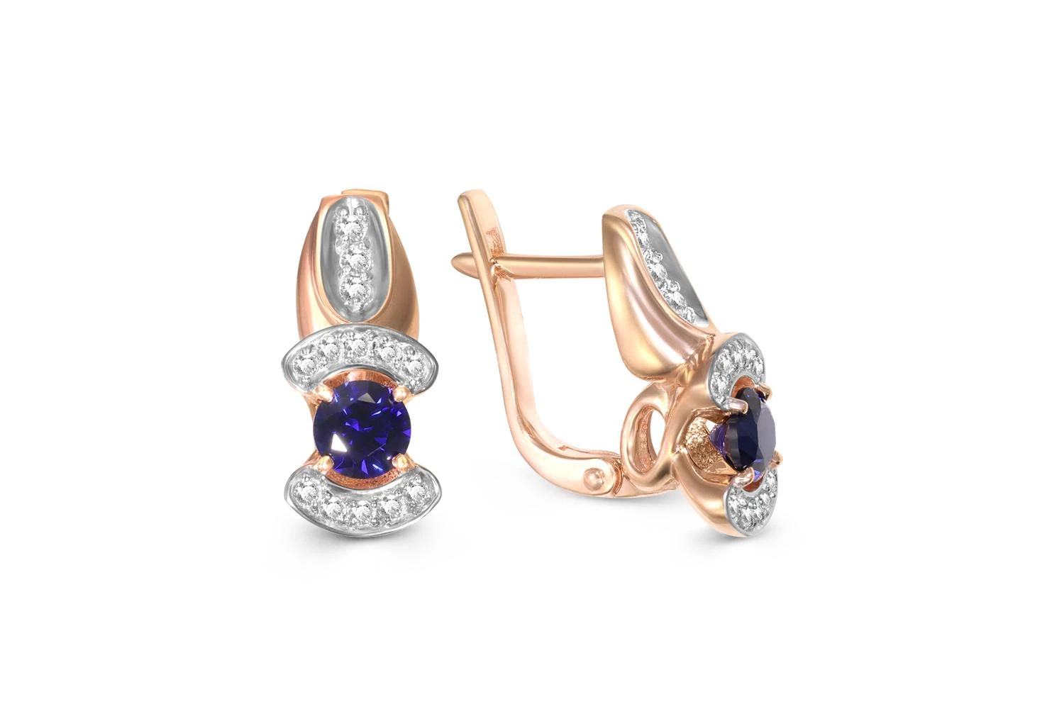 Серьги из красного золота с 2 корундами и 16 фианитами