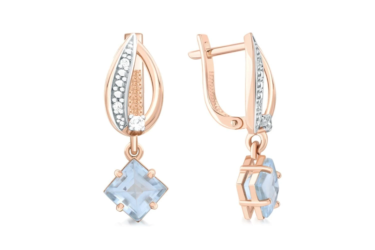 Серьги из красного золота с 2 топазами sky и 6 фианитами