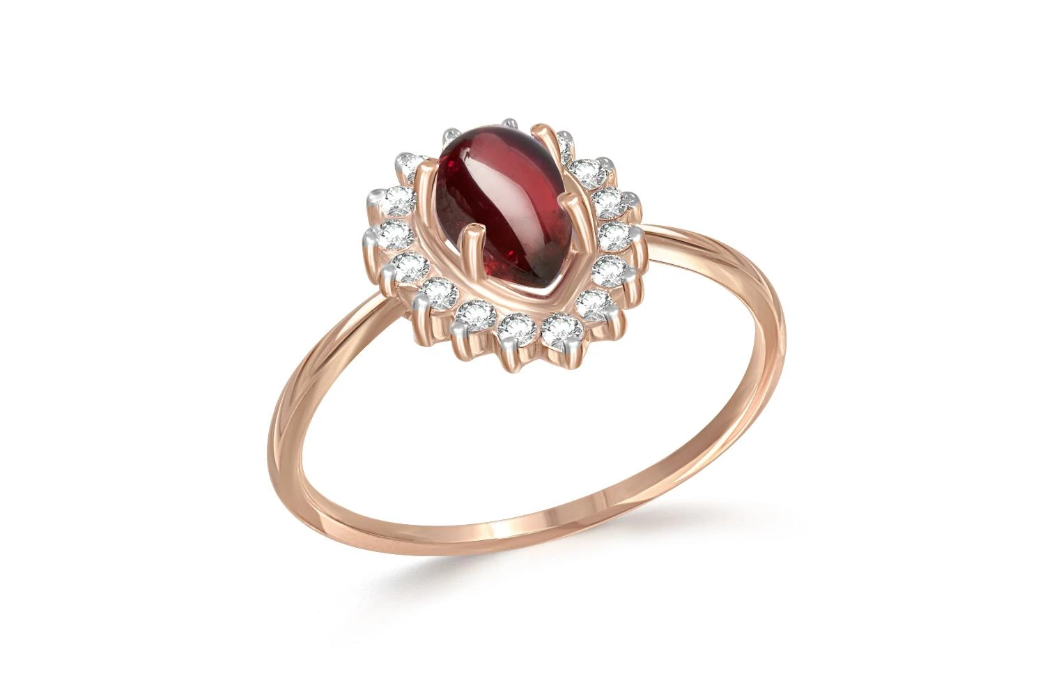 Кольцо из красного золота с гранатом и 16 фианитами