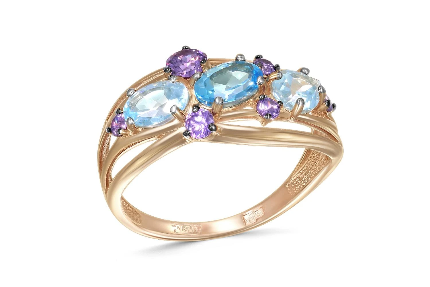 Кольцо из красного золота с топазами sky, топазом swiss и фианитами