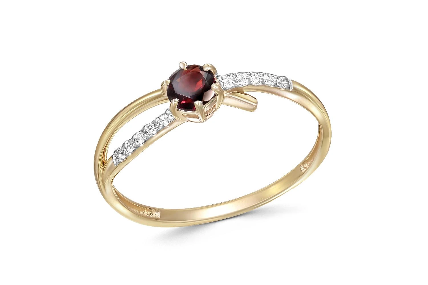 Кольцо из жёлтого золота с гранатом и 10 фианитами