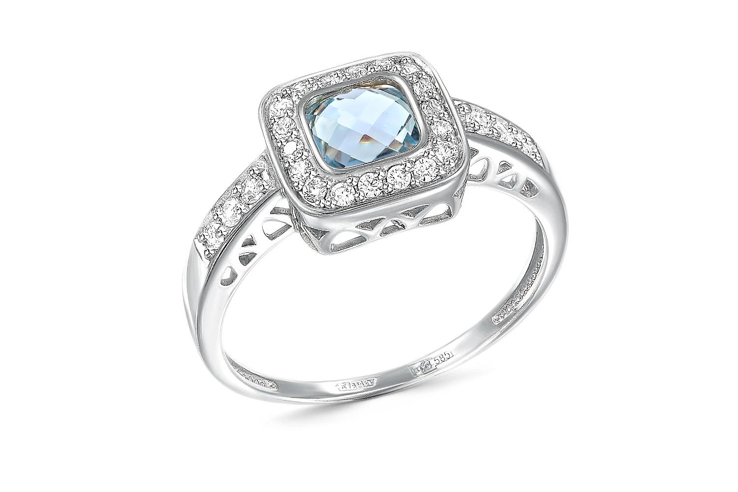 Кольцо из белого золота с топазом sky и 24 фианитами