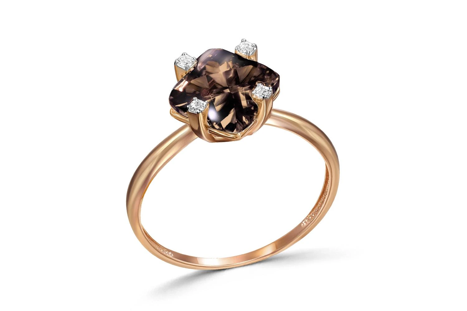 Кольцо из красного золота с раухтопазом и 4 фианитами
