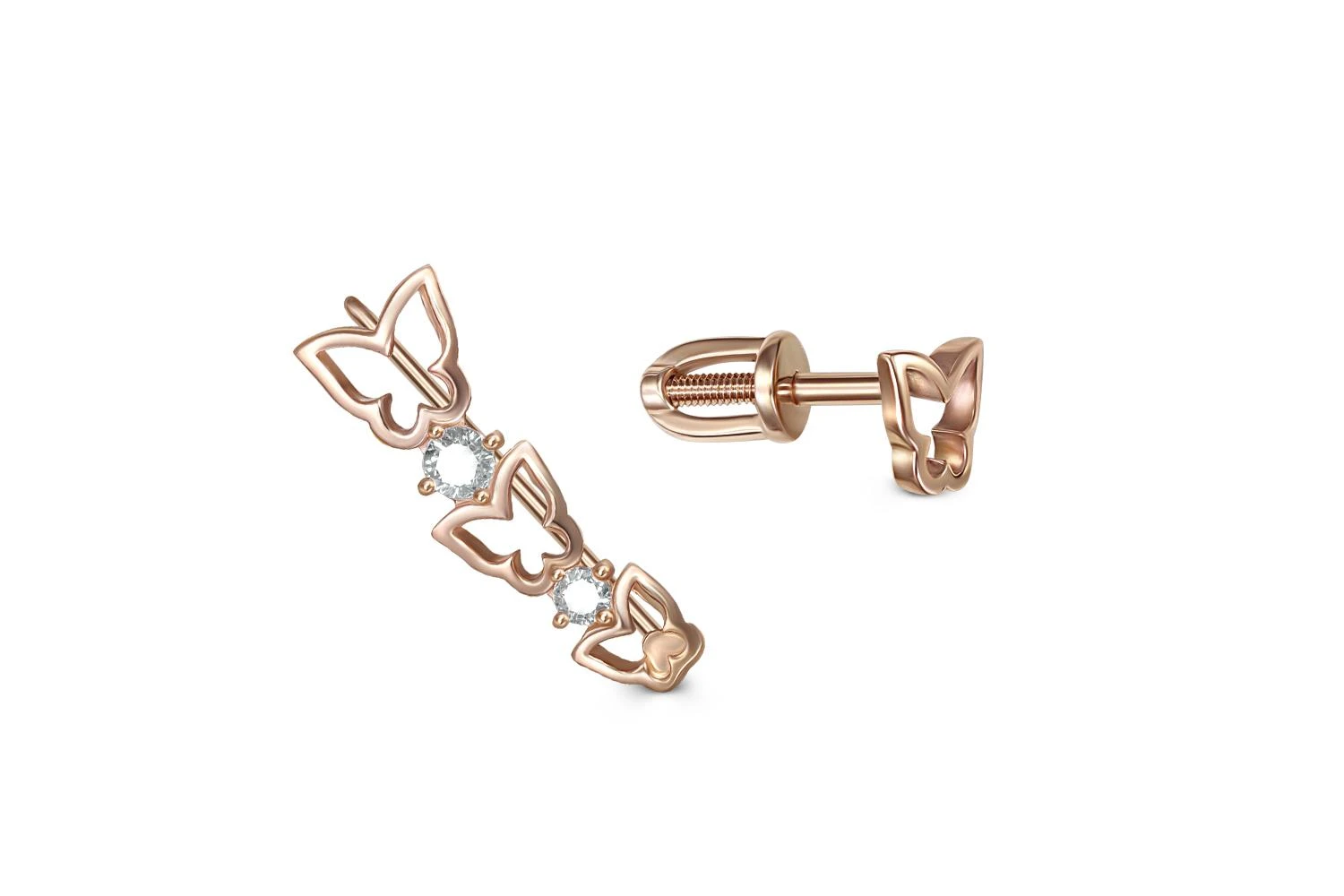 Серьги-пусеты Бабочки из красного золота с 2 фианитами