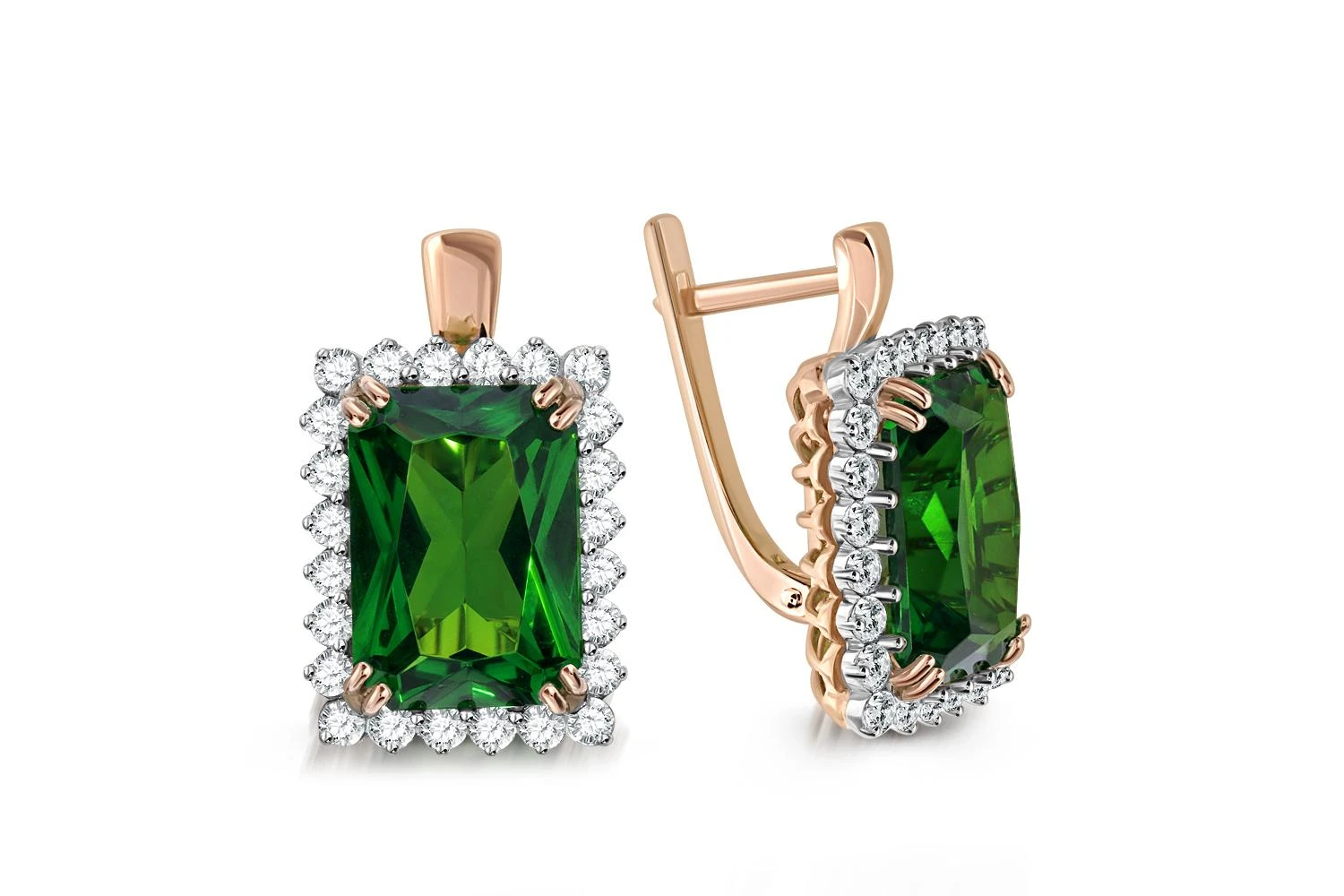 Серьги из красного золота с 2 наноситалами и 48 фианитами